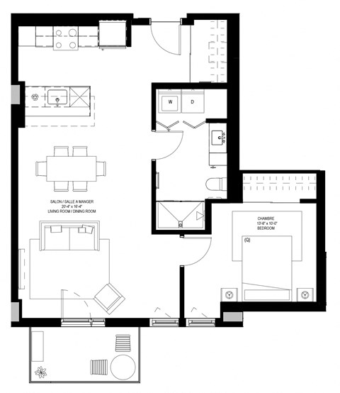Floor plan for 1 bed, 1 bath, 820 sqft